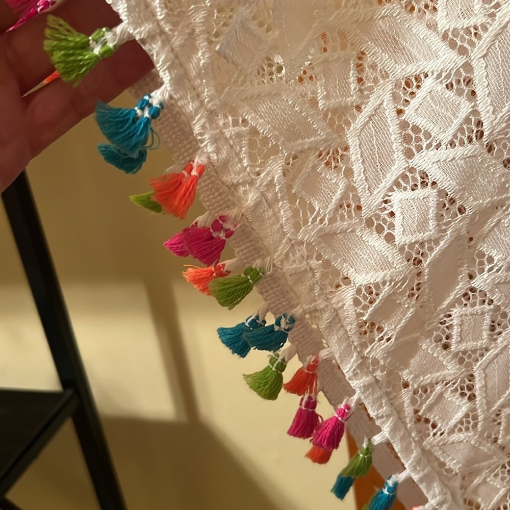 Susan Graver White Lace beach coverup with Colorful Tassels - Picture 4 of 4